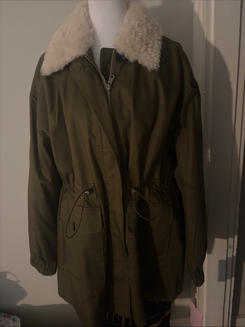 Anthropologie Olive Green Utility Parka with Cream Shearling Collar